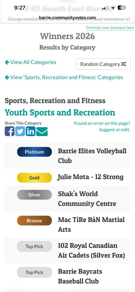 CONGRATULATIONS TO THE BARRIE ELITES VOLLEYBALL CLUB!!